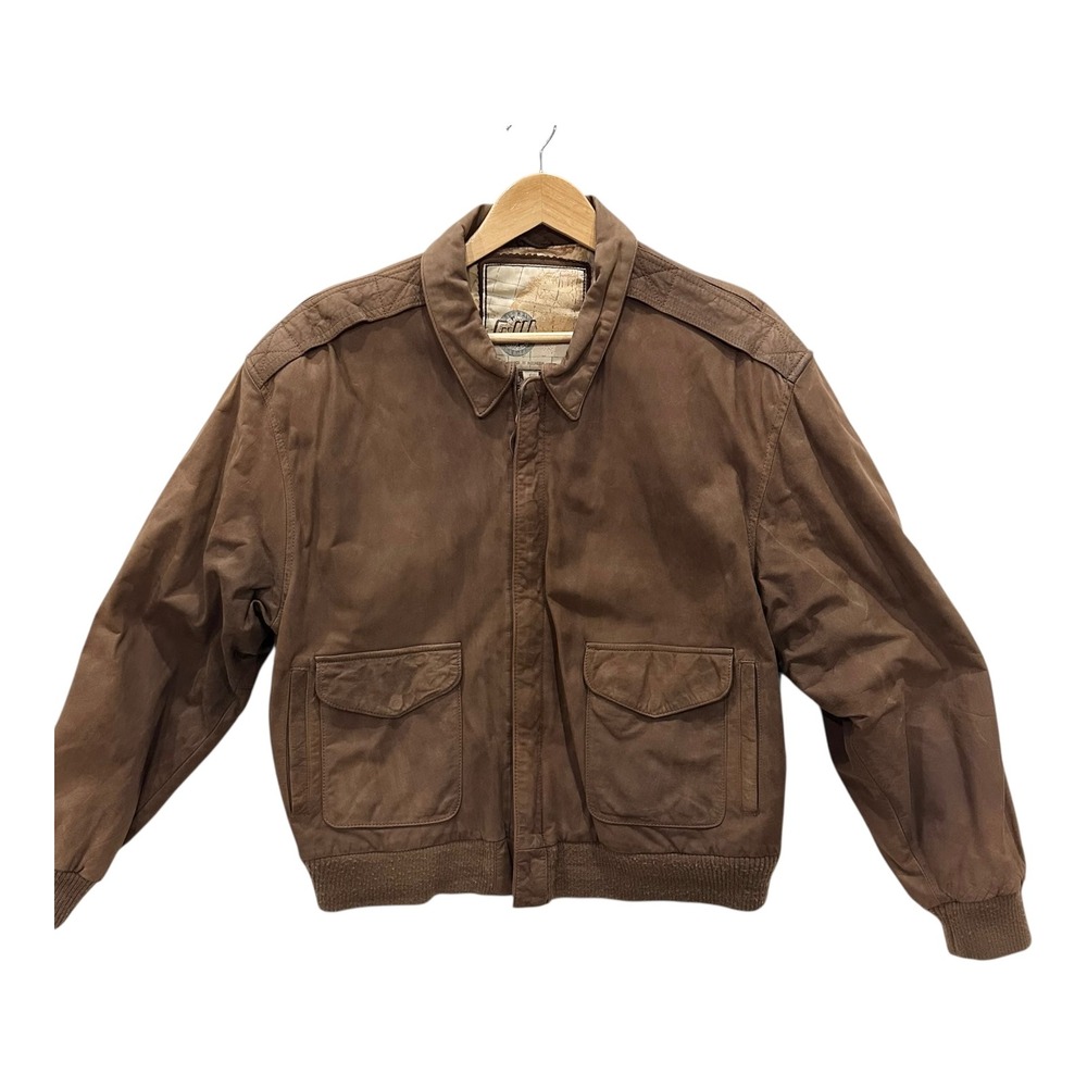 G-III Global Identity Mens L Brown Leather Aviator Bomber Jacket Map Lining